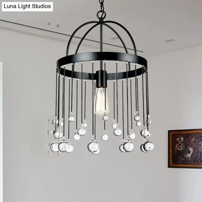 Industrial Style Hanging Pendant Light with Crystal Ball Deco - 1-Light Ring Suspension Lamp in Black