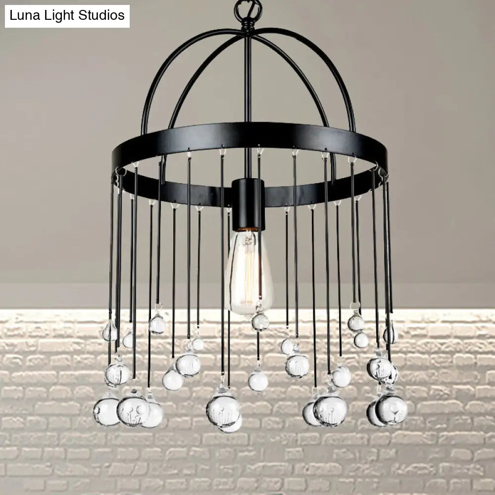 Industrial Style Hanging Pendant Light with Crystal Ball Deco - 1-Light Ring Suspension Lamp in Black