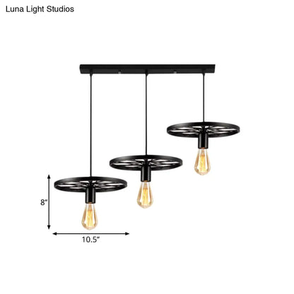 Industrial Style Iron Hanging Pendant Light with Wheel - 3 Lights, Black Bare Bulb - Perfect for Restaurants and Ceilings