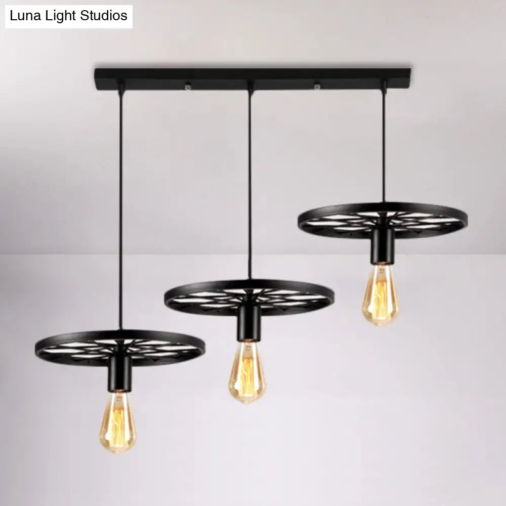 Industrial Style Iron Hanging Pendant Light with Wheel - 3 Lights, Black Bare Bulb - Perfect for Restaurants and Ceilings