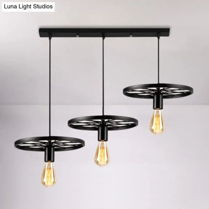 Industrial Style Iron Hanging Pendant Light with Wheel - 3 Lights, Black Bare Bulb - Perfect for Restaurants and Ceilings