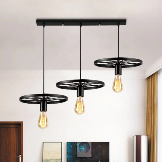 Industrial Style Iron Hanging Pendant Light with Wheel - 3 Lights, Black Bare Bulb - Perfect for Restaurants and Ceilings