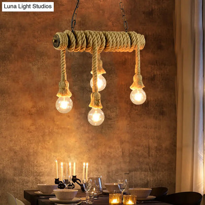 DecorBites™ Industrial Style Island Lamp with Rope and 4 Lights - Open Bulb Hanging Light for Dining Room in Beige