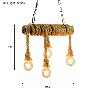 DecorBites™ Industrial Style Island Lamp with Rope and 4 Lights - Open Bulb Hanging Light for Dining Room in Beige