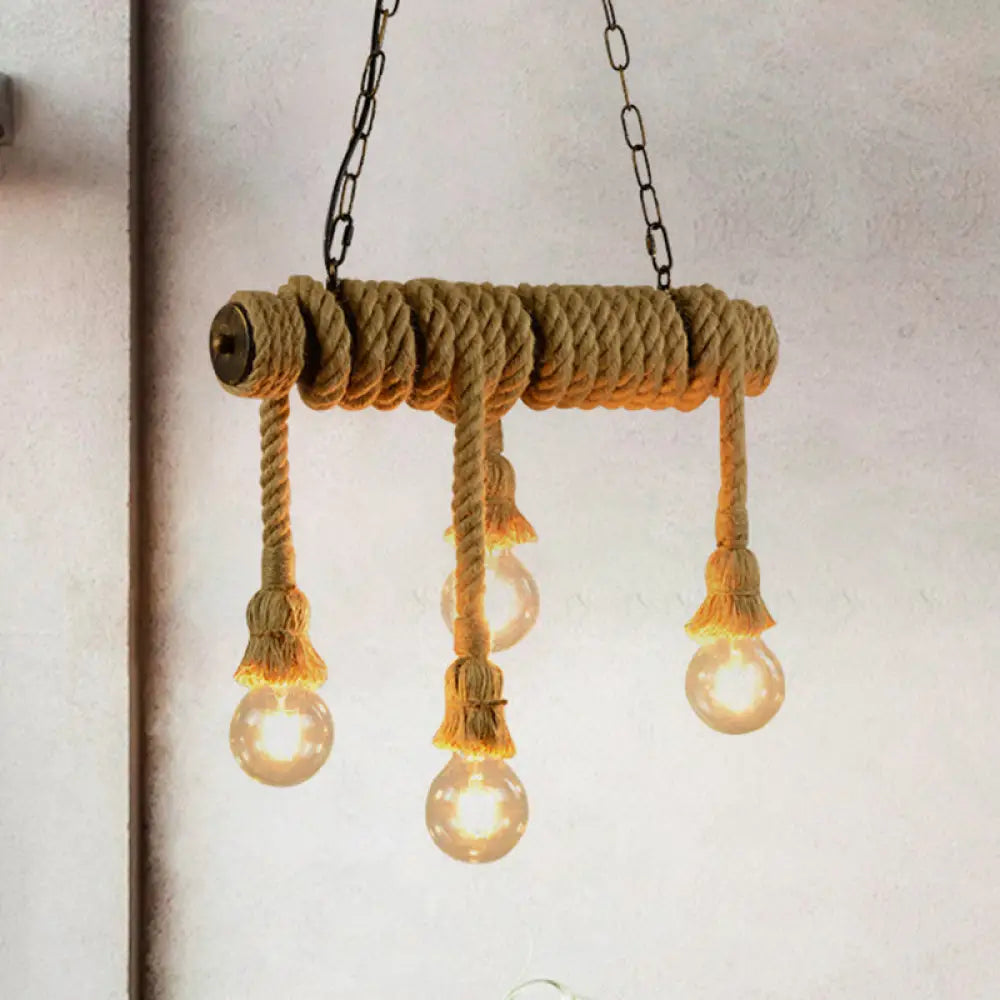 DecorBites™ Industrial Style Island Lamp with Rope and 4 Lights - Open Bulb Hanging Light for Dining Room in Beige
