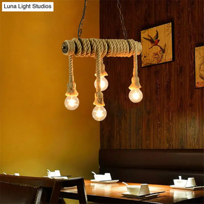 DecorBites™ Industrial Style Island Lamp with Rope and 4 Lights - Open Bulb Hanging Light for Dining Room in Beige