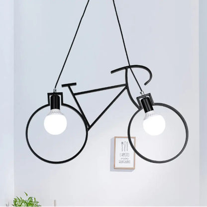 Industrial Style Metal Bicycle Pendant Light Fixture - 2 Bulbs, Black/White, Indoor Hanging Lamp with Wire Frame