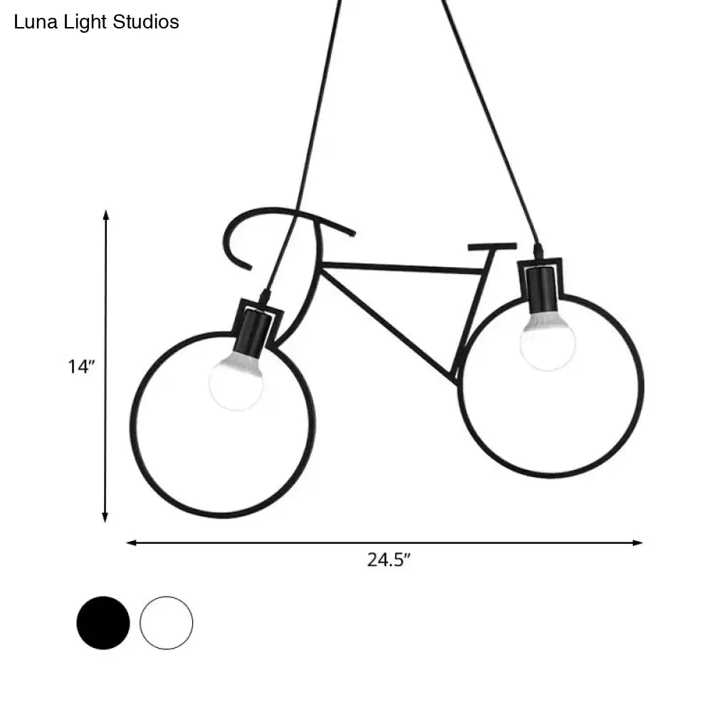 Industrial Style Metal Bicycle Pendant Light Fixture - 2 Bulbs, Black/White, Indoor Hanging Lamp with Wire Frame