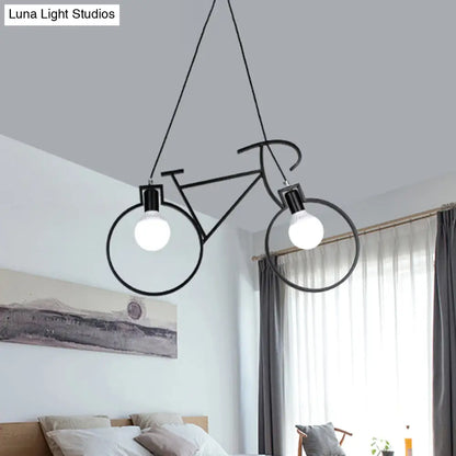 Industrial Style Metal Bicycle Pendant Light Fixture - 2 Bulbs, Black/White, Indoor Hanging Lamp with Wire Frame