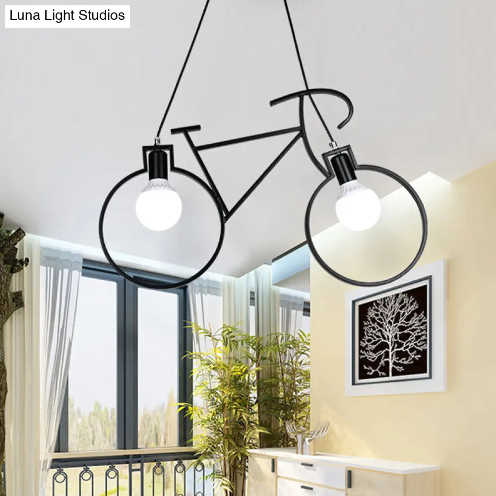 Industrial Style Metal Bicycle Pendant Light Fixture - 2 Bulbs, Black/White, Indoor Hanging Lamp with Wire Frame