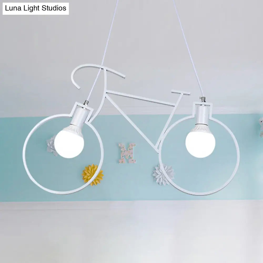 Industrial Style Metal Bicycle Pendant Light Fixture - 2 Bulbs, Black/White, Indoor Hanging Lamp with Wire Frame