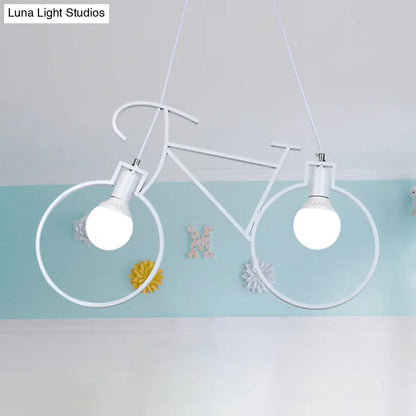 Industrial Style Metal Bicycle Pendant Light Fixture - 2 Bulbs, Black/White, Indoor Hanging Lamp with Wire Frame