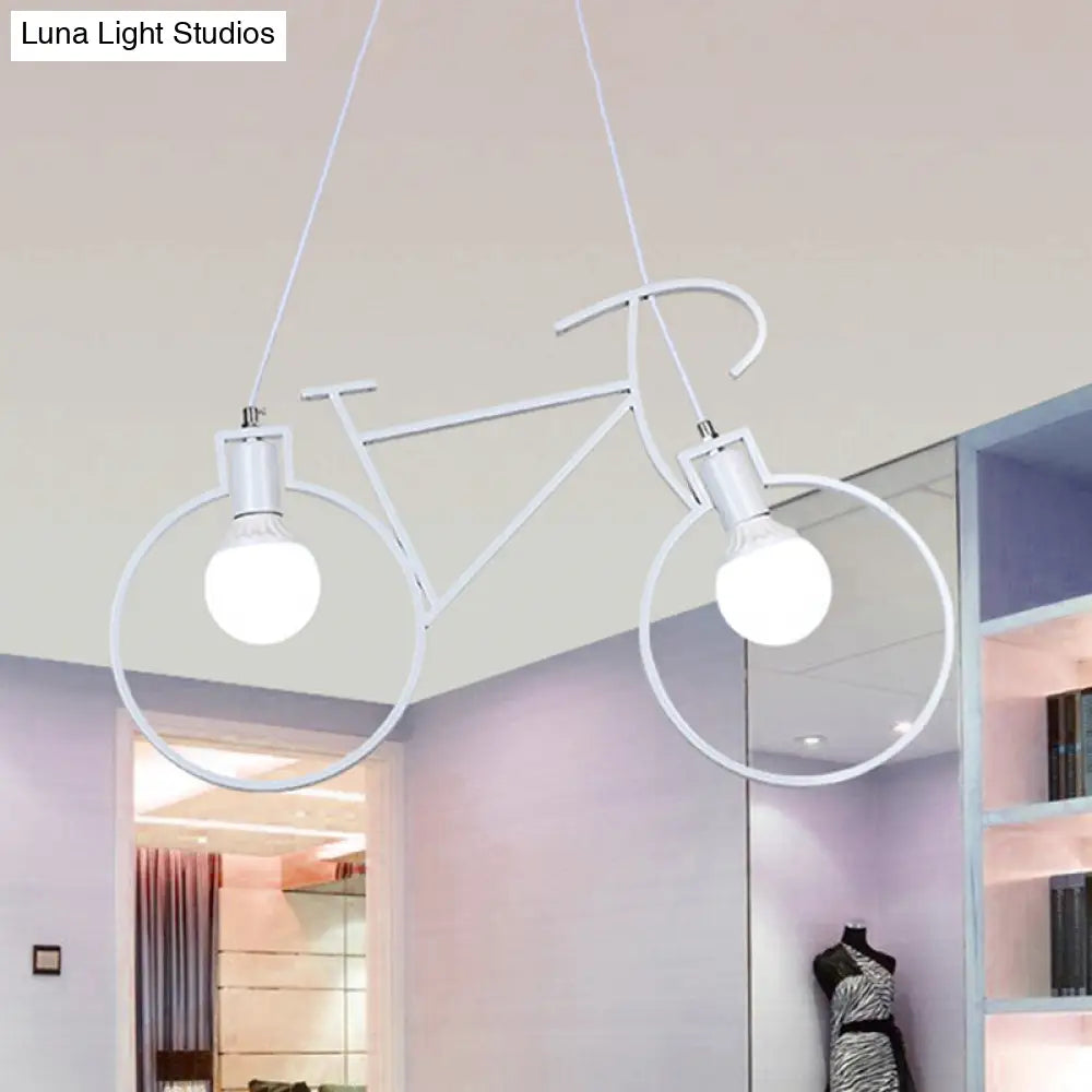 Industrial Style Metal Bicycle Pendant Light Fixture - 2 Bulbs, Black/White, Indoor Hanging Lamp with Wire Frame