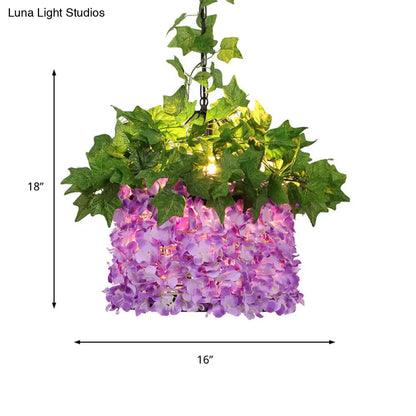 Industrial Style Metal Chandelier - 12 Heads Purple and Pink Birdcage Pendant Light Fixture with Plant Deco for Restaurants