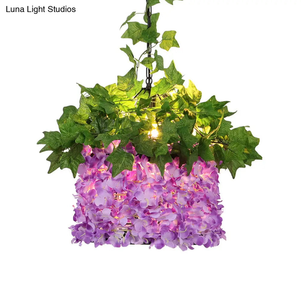 Industrial Style Metal Chandelier - 12 Heads Purple and Pink Birdcage Pendant Light Fixture with Plant Deco for Restaurants