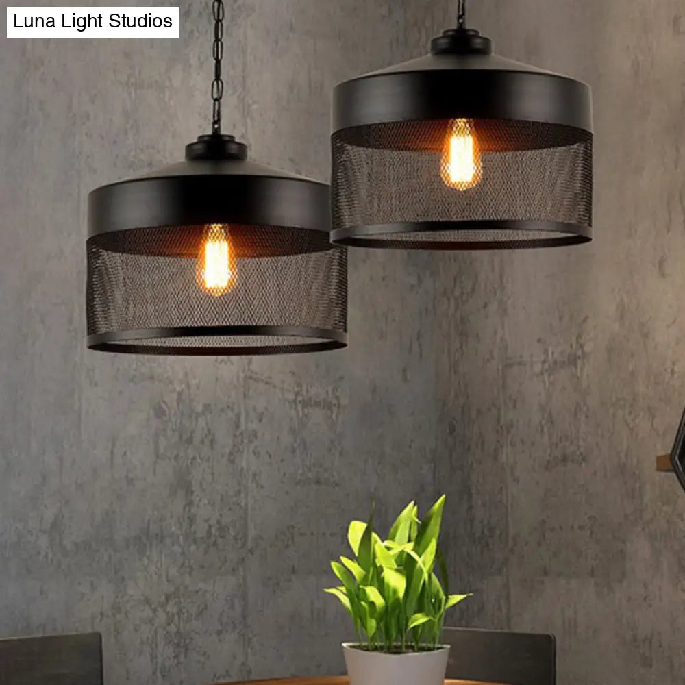 Industrial Style Metal Hanging Light with Black Mesh Drum Shade - Restaurant Pendant Fixture