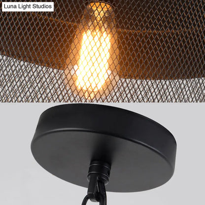 Industrial Style Metal Hanging Light with Black Mesh Drum Shade - Restaurant Pendant Fixture