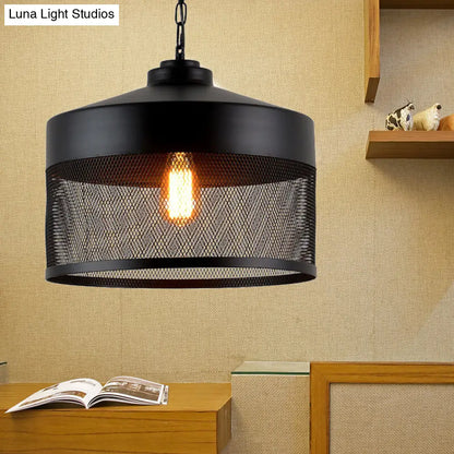 Industrial Style Metal Hanging Light with Black Mesh Drum Shade - Restaurant Pendant Fixture