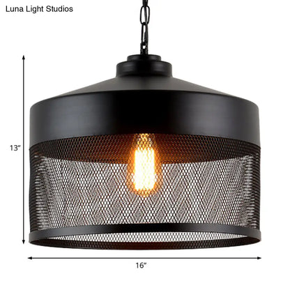 Industrial Style Metal Hanging Light with Black Mesh Drum Shade - Restaurant Pendant Fixture