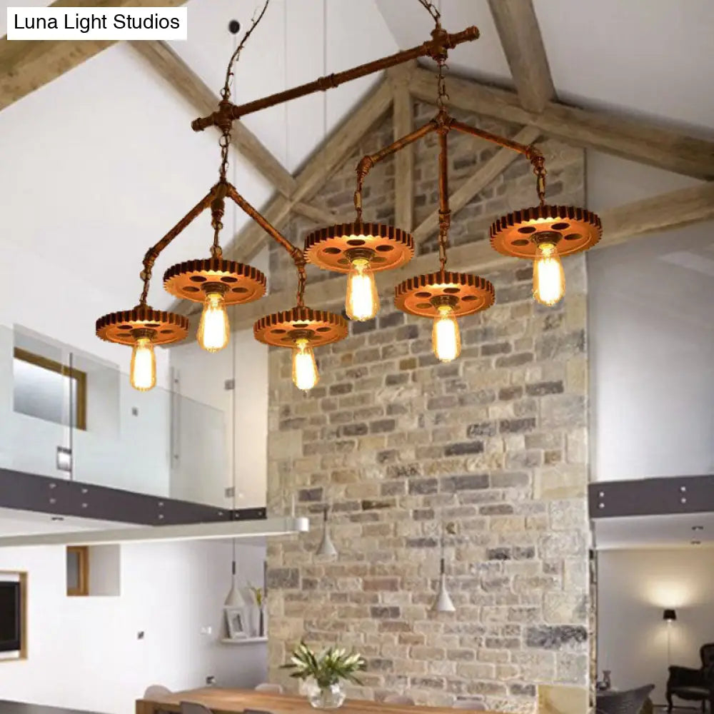 DecorBites™ Industrial-Style Metal Island Light Fixture - 6 Lights, Rust Bare Bulb Chandelier for Restaurants