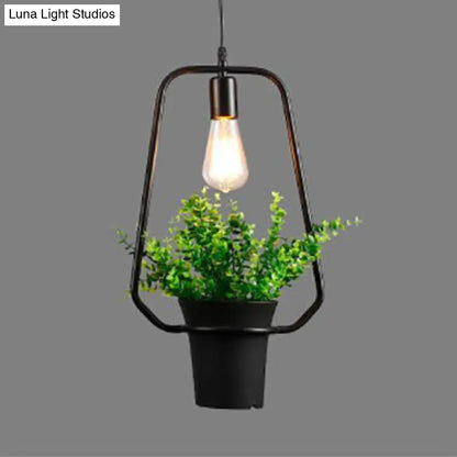 Industrial Style Metal Pendant Lamp with Hanging Frame, Ideal for Balcony – Black Finish