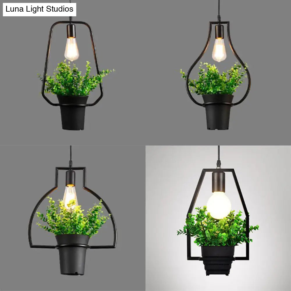 Industrial Style Metal Pendant Lamp with Hanging Frame, Ideal for Balcony – Black Finish