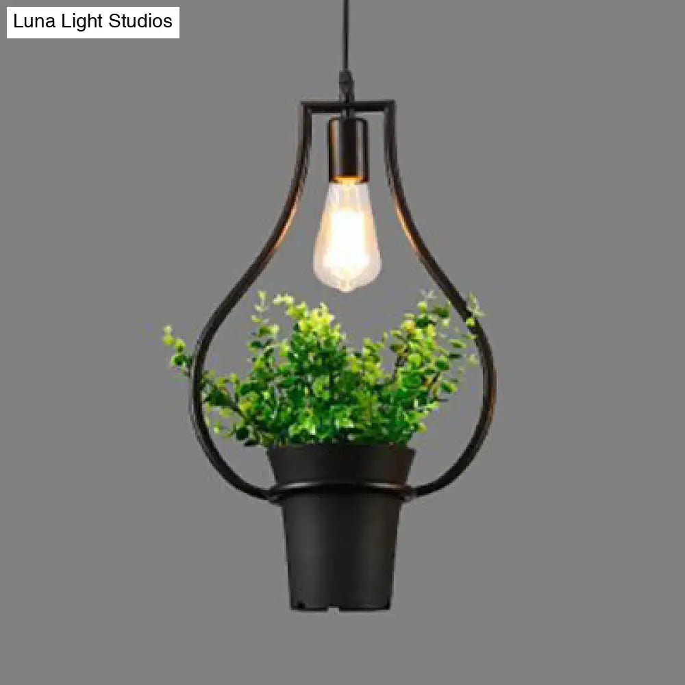 Industrial Style Metal Pendant Lamp with Hanging Frame, Ideal for Balcony – Black Finish