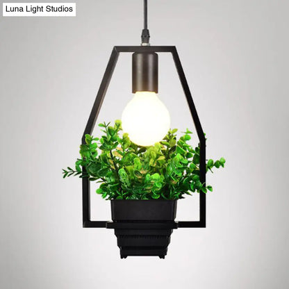 Industrial Style Metal Pendant Lamp with Hanging Frame, Ideal for Balcony – Black Finish