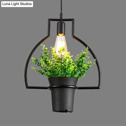 Industrial Style Metal Pendant Lamp with Hanging Frame, Ideal for Balcony – Black Finish