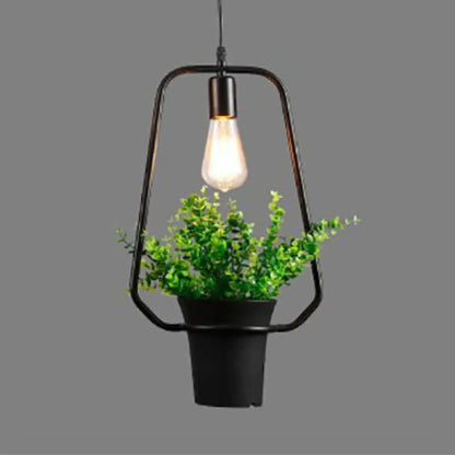 Industrial Style Metal Pendant Lamp with Hanging Frame, Ideal for Balcony – Black Finish