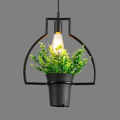 Industrial Style Metal Pendant Lamp with Hanging Frame, Ideal for Balcony – Black Finish