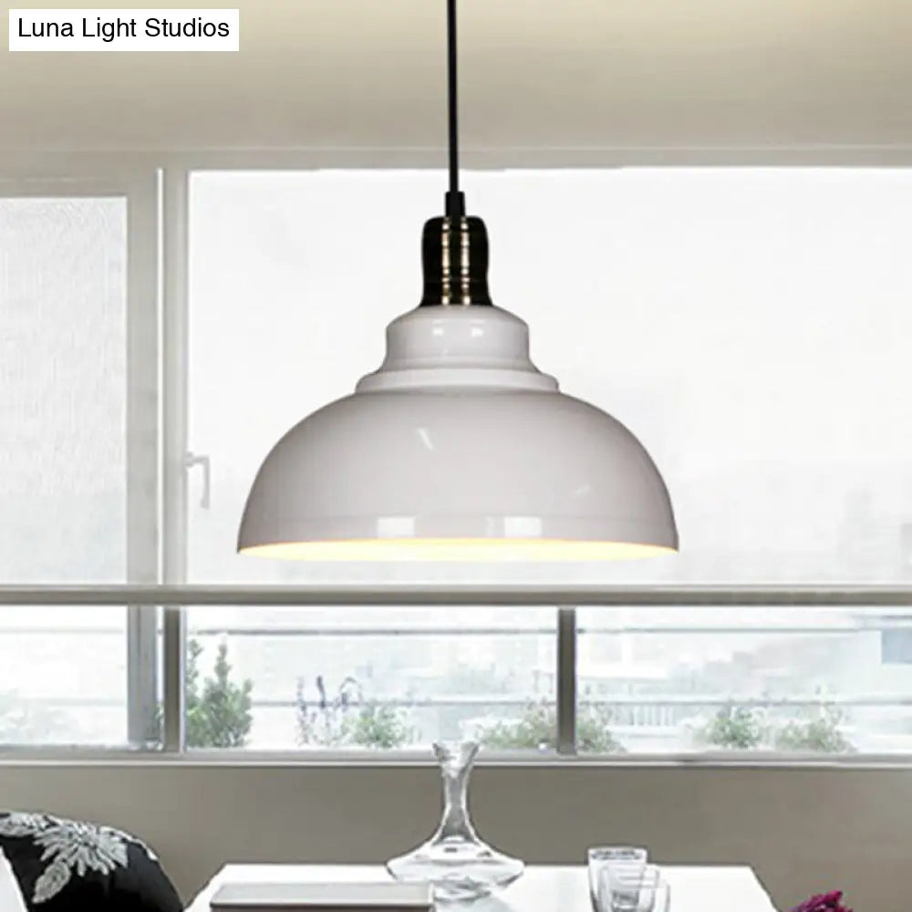 Industrial Style Metallic Pendant Ceiling Light - 12"/14"/16" Dia, 1 Light, Bowl Shade, Black/White Inner