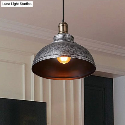 Industrial Style Metallic Pendant Ceiling Light - 12"/14"/16" Dia, 1 Light, Bowl Shade, Black/White Inner