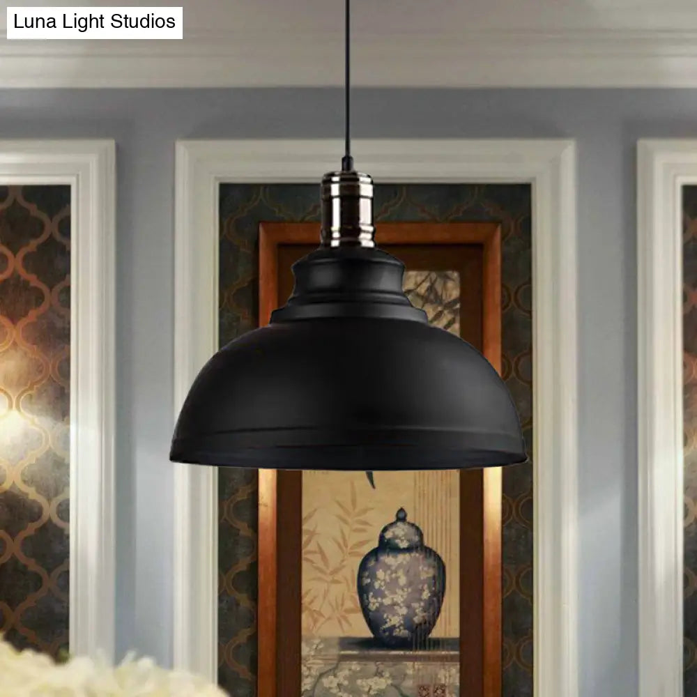 Industrial Style Metallic Pendant Ceiling Light - 12"/14"/16" Dia, 1 Light, Bowl Shade, Black/White Inner