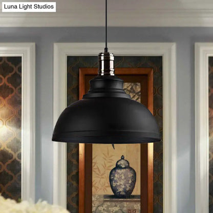 Industrial Style Metallic Pendant Ceiling Light - 12"/14"/16" Dia, 1 Light, Bowl Shade, Black/White Inner