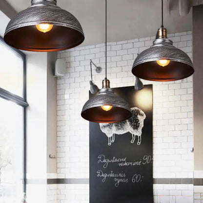 Industrial Style Metallic Pendant Ceiling Light - 12"/14"/16" Dia, 1 Light, Bowl Shade, Black/White Inner