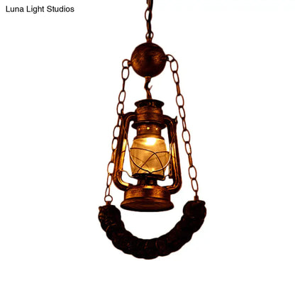 Industrial Style Pendant Lighting: Clear Glass Brass Hanging Lamp Kit with Kerosene & Resin Curved Beam