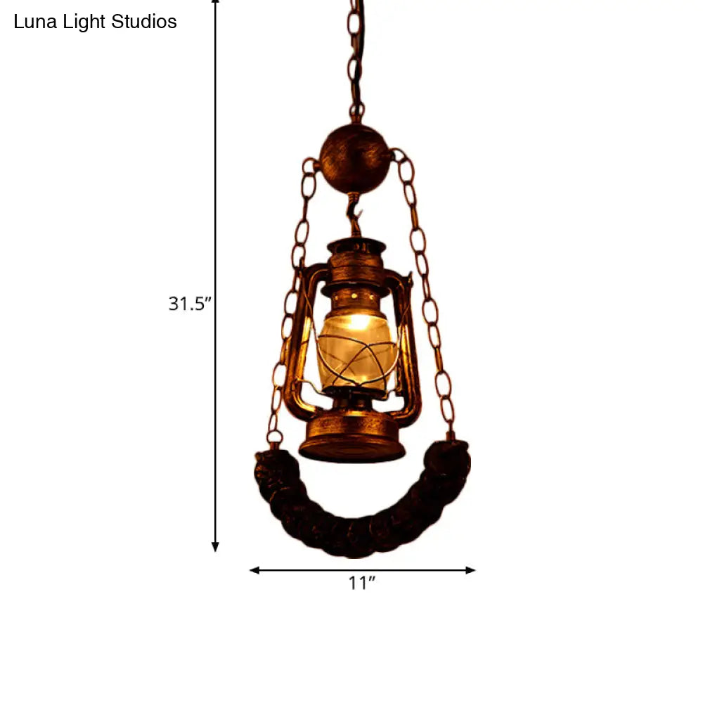 Industrial Style Pendant Lighting: Clear Glass Brass Hanging Lamp Kit with Kerosene & Resin Curved Beam