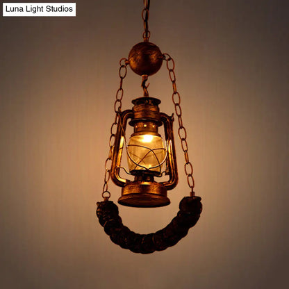 Industrial Style Pendant Lighting: Clear Glass Brass Hanging Lamp Kit with Kerosene & Resin Curved Beam