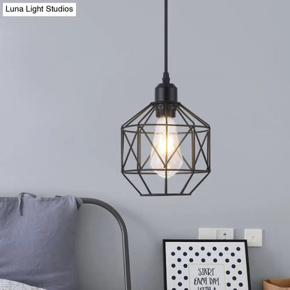 Industrial-Style Prism Cage Pendant Light - 1 Head Down Lighting in Black for Dining Room