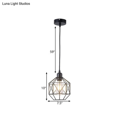 Industrial-Style Prism Cage Pendant Light - 1 Head Down Lighting in Black for Dining Room