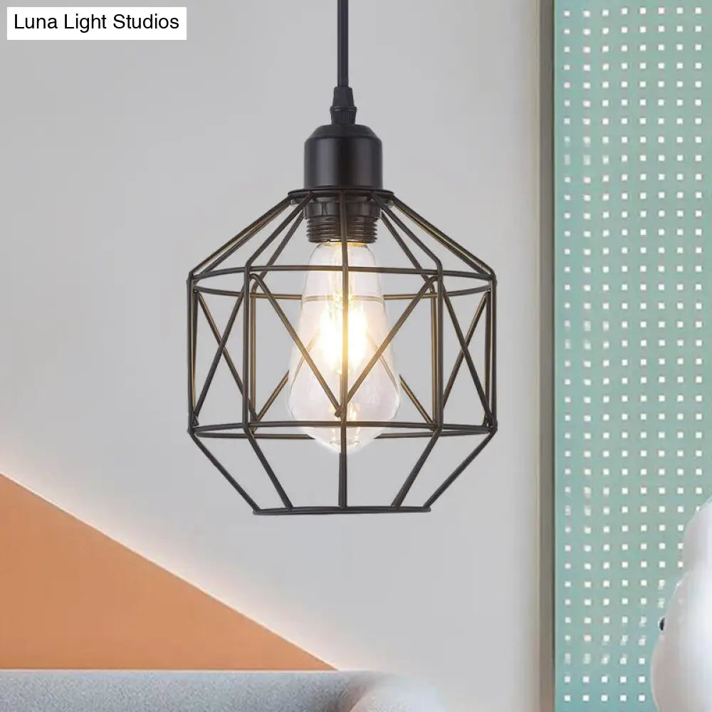 Industrial-Style Prism Cage Pendant Light - 1 Head Down Lighting in Black for Dining Room