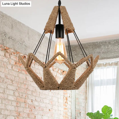 Industrial Style Pyramid Cage Pendant Lamp - Natural Rope and Metal, 1 Head, Black Hanging Light for Restaurants