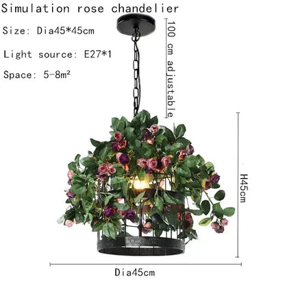 Black metal floral cage chandelier with artificial pink and purple roses and green leaves decorbites industrial style
