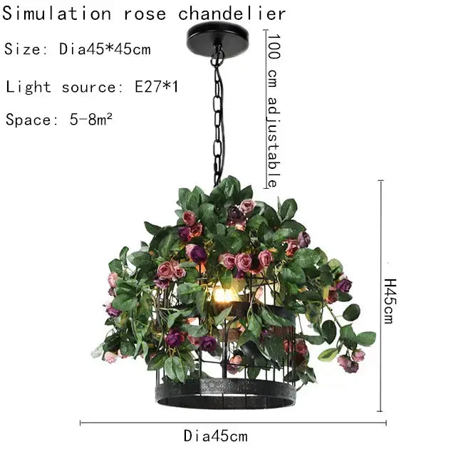 Black metal floral cage chandelier with artificial pink and purple roses and green leaves decorbites industrial style