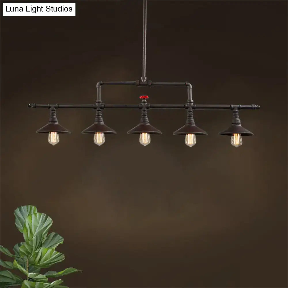Decorbites™ industrial style black pipe chandelier with five exposed filament bulbs cone shade and red valve accent