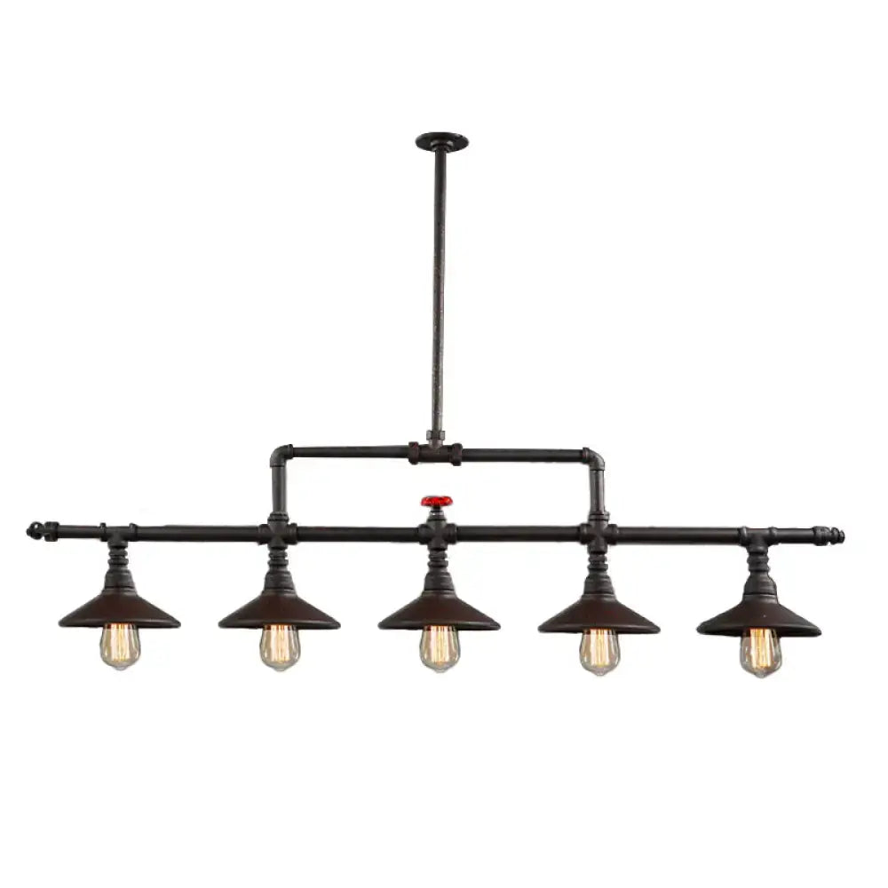 DecorBites™ industrial style pendant lighting with five black pipe arms, cone shade bulbs, and a red valve accent