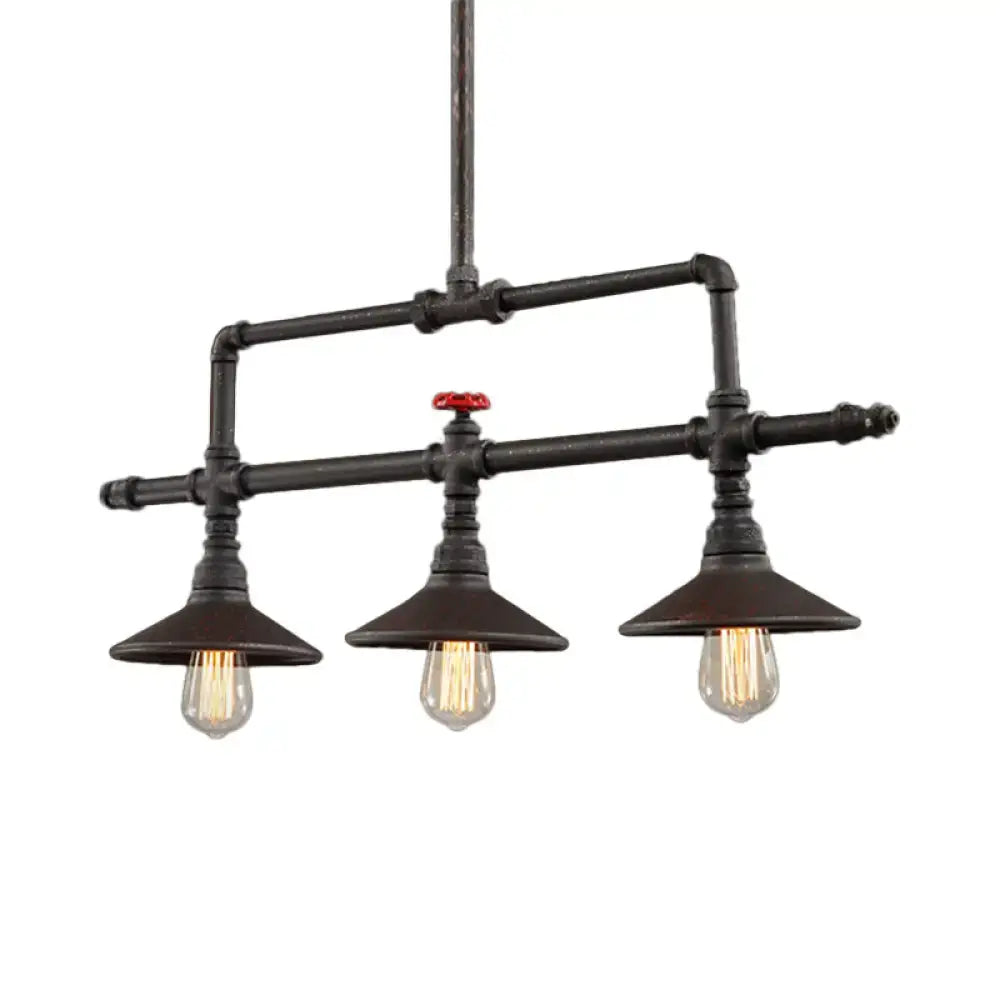 Decorbites industrial style black pipe chandelier with three cone shade bulbs and red valve accent in rust finish