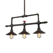 Decorbites industrial style black pipe chandelier with three cone shade bulbs and red valve accent in rust finish