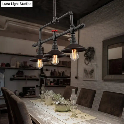 Decorbites industrial style black pipe chandelier with cone shade three exposed filament bulbs and red valve rust finish